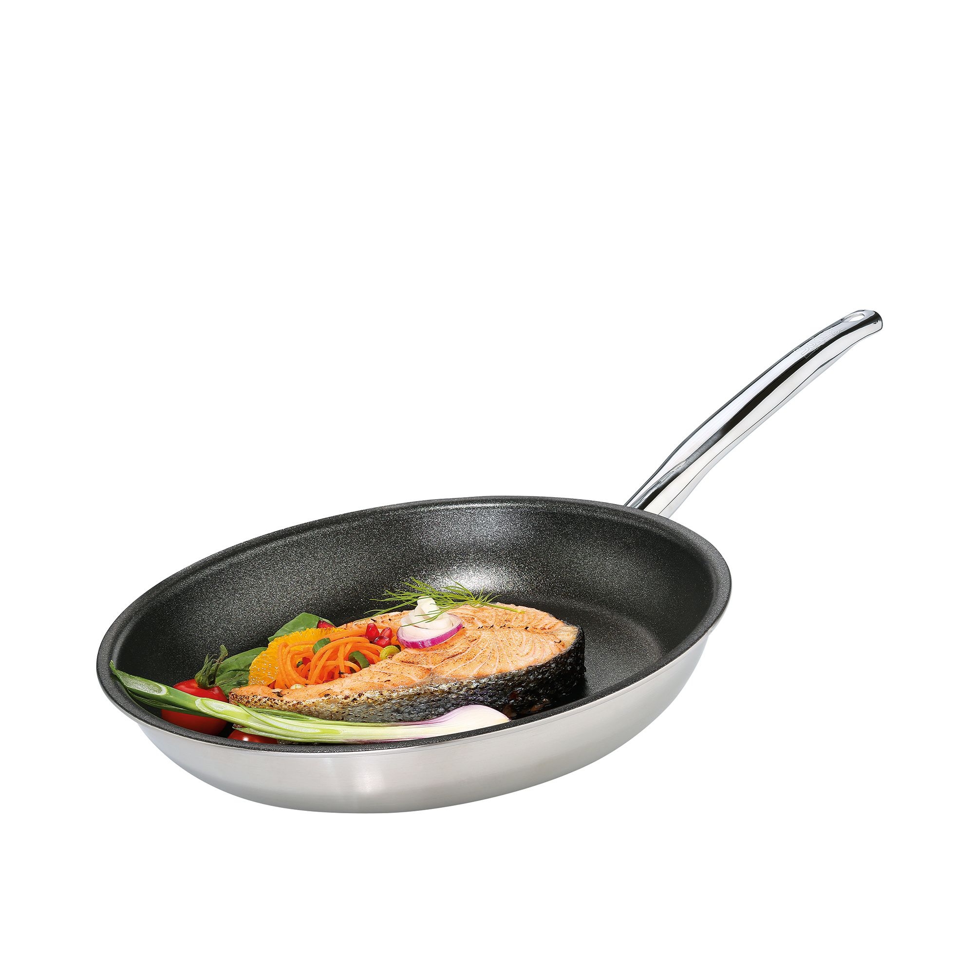 Edelstahl Pfanne mit Lachs und Gemüse, 28 cm Durchmesser
