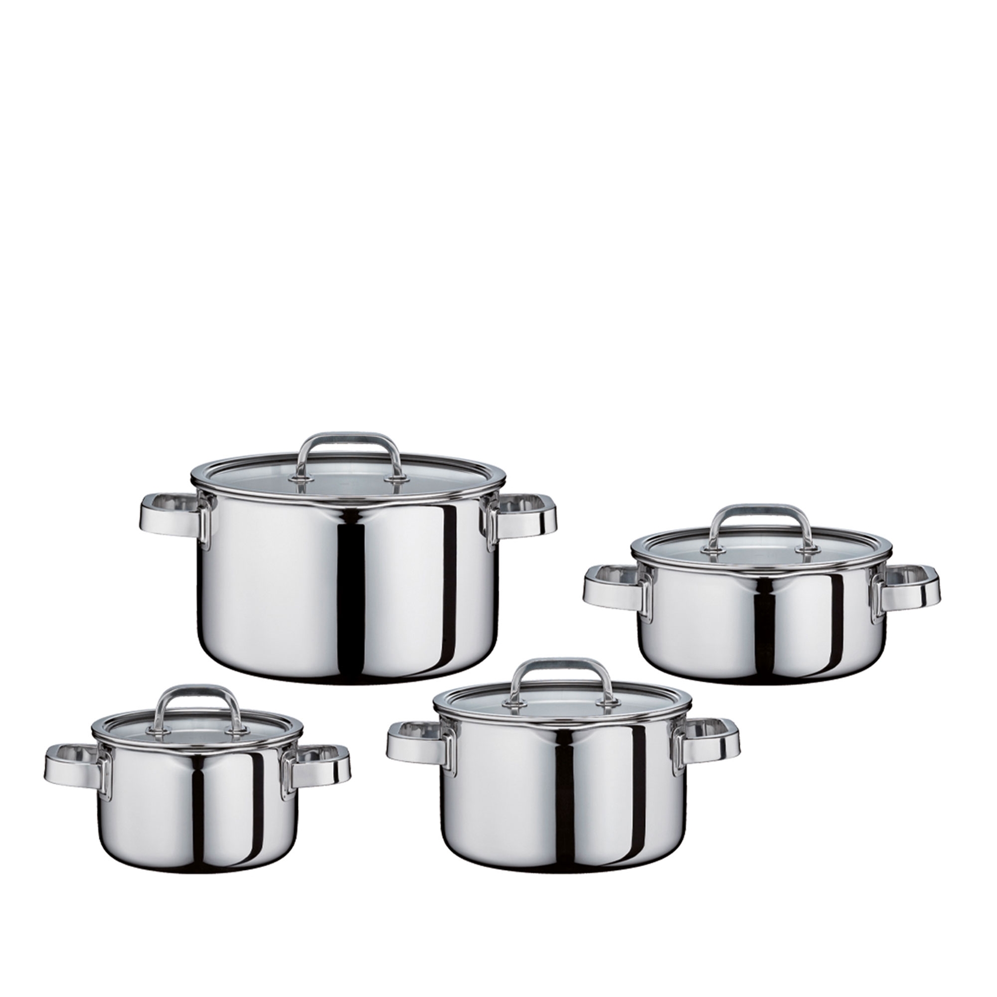 Vierteiliger Edelstahl-Topfset mit Glasdeckeln
