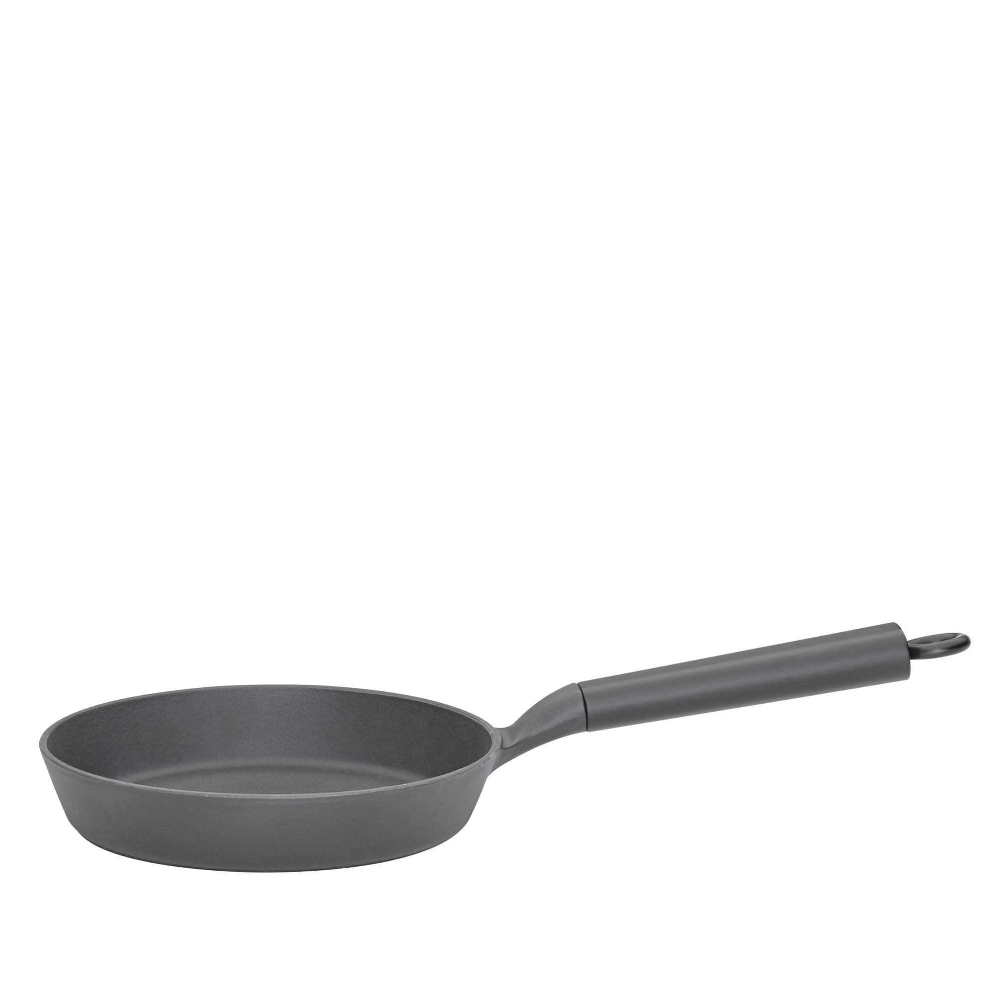 Round grey cast iron frying pan with handle